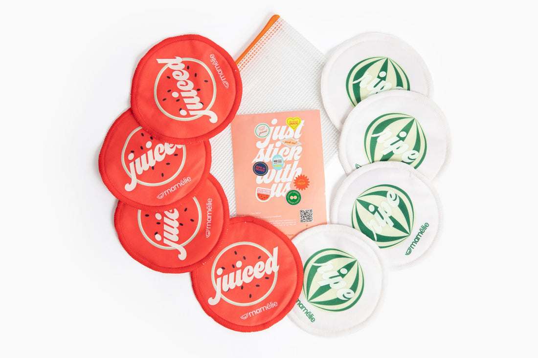 Mamélie® nursing pads packs include 1x reusable carrying bag, 8x nursing pads, 8x waterproof stickers.